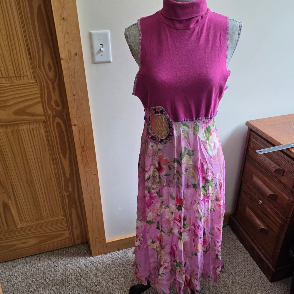 Croft & Barrow Y2K Patchwork Handmade DIY Floral Turtleneck Midi Dress Pink S
